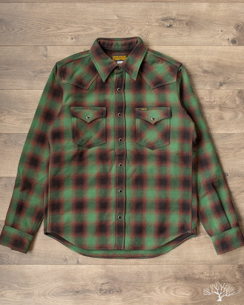 IHSH-373-GRN - Ultra Heavy Flannel Ombré Check Western Shirt - Green