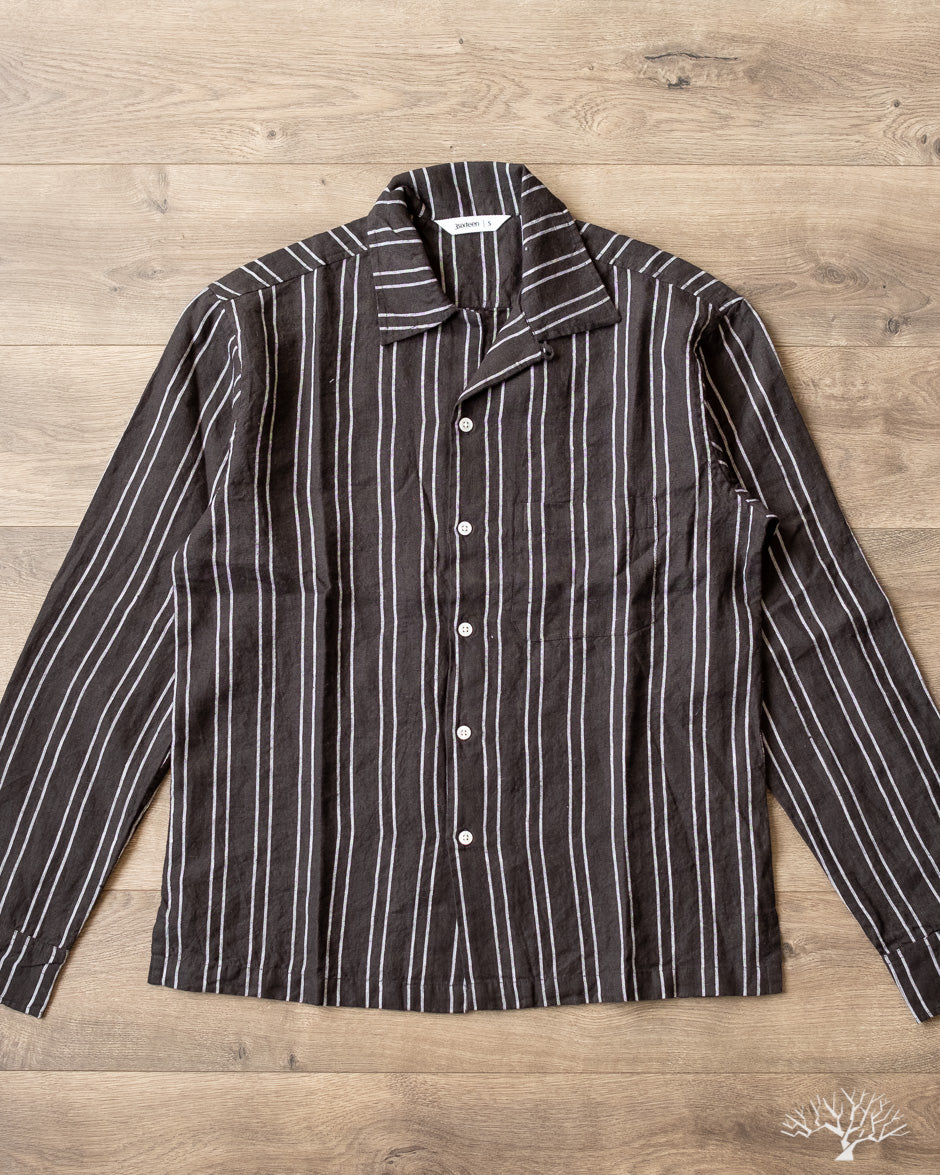 3sixteen - Long Sleeve Open Collar Shirt Striped Linen - Black