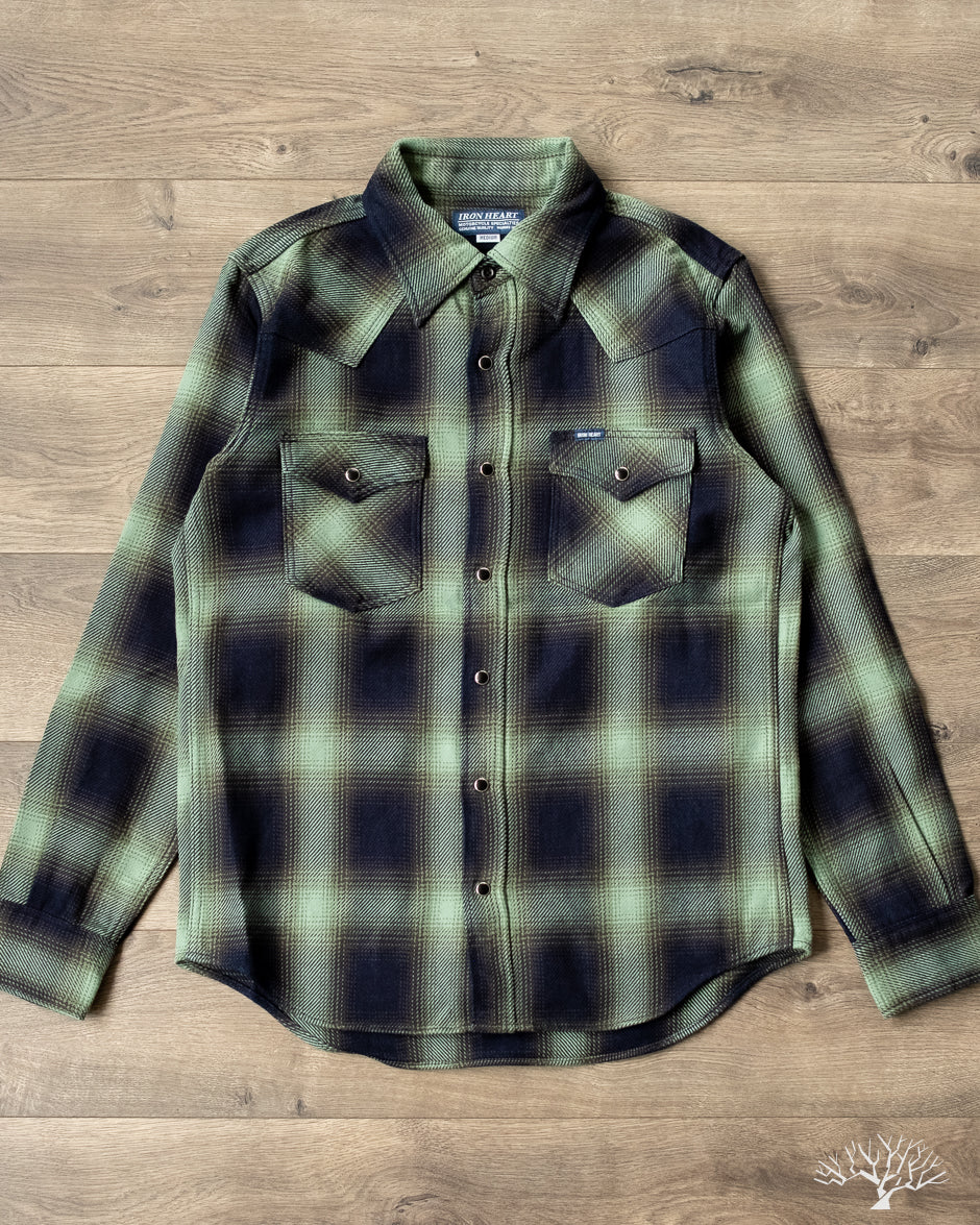 - Fig 9oz – Iron - Western Heart Shirt IHSH-348-GRN - Check Ombré Withered Selvedge Green