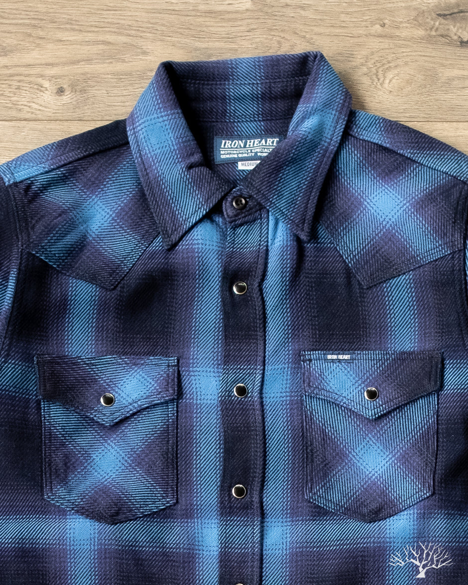 IHSH-348-IND - 9oz Selvedge Ombré Check Western Shirt - Indigo