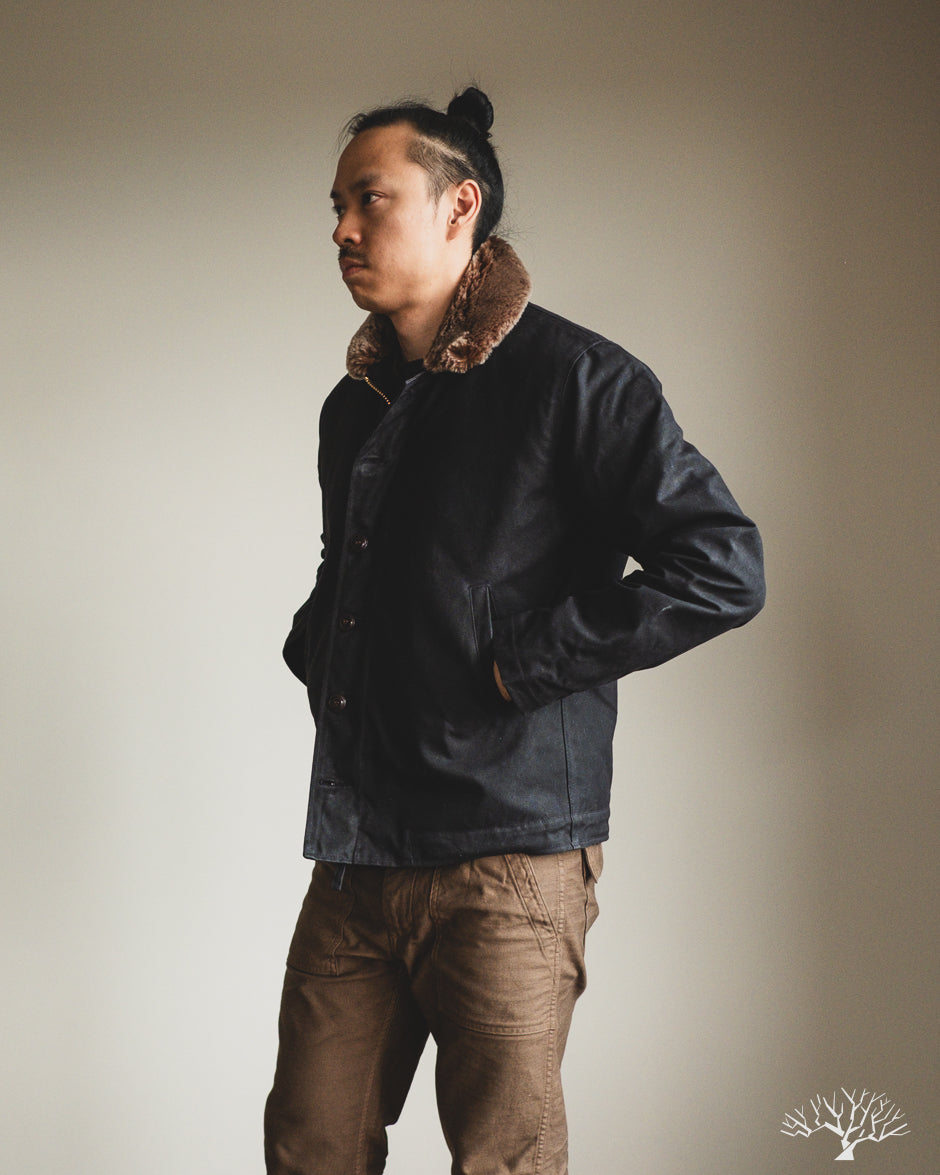 Dehen 1920 N-1 Deck Jacket - Black Waxed Canvas Kodiak Mouton (Modified)