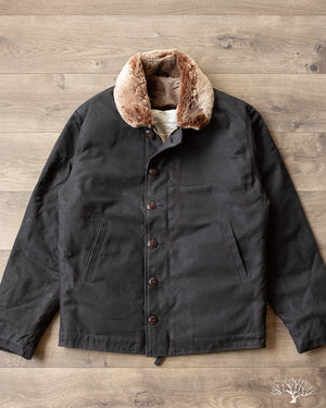 Dehen 1920 N-1 Deck Jacket - Black Waxed Canvas Kodiak Mouton (Modified)