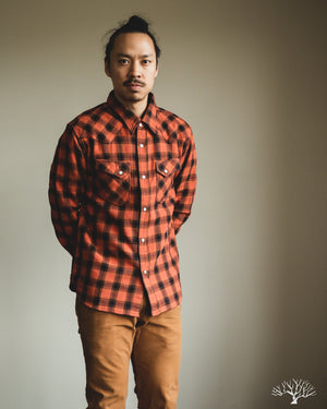 The Flat Head FN-SNW-005L - Ombre Check Flannel Western Shirt - Orange/Black