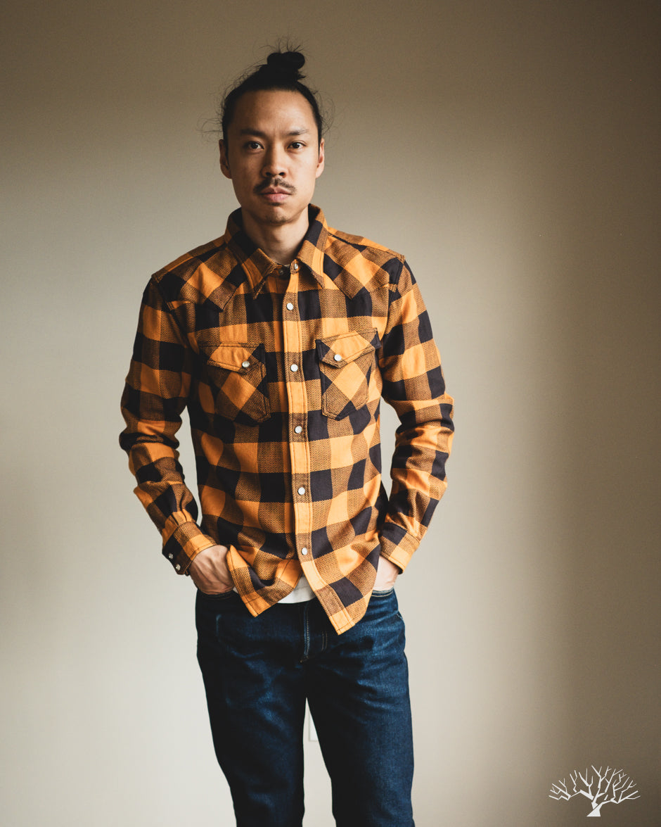 FN-SNW-101L - Block Check Flannel Western Shirt - Orange/Charcoal