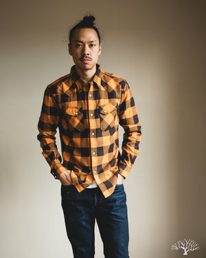 FN-SNW-101L - Block Check Flannel Western Shirt - Orange/Charcoal