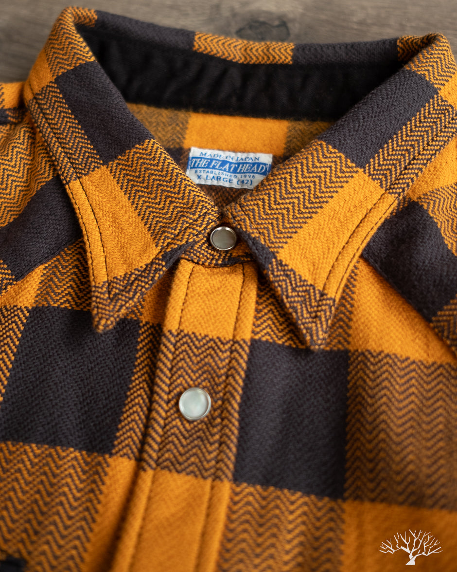 FN-SNW-101L - Block Check Flannel Western Shirt - Orange/Charcoal