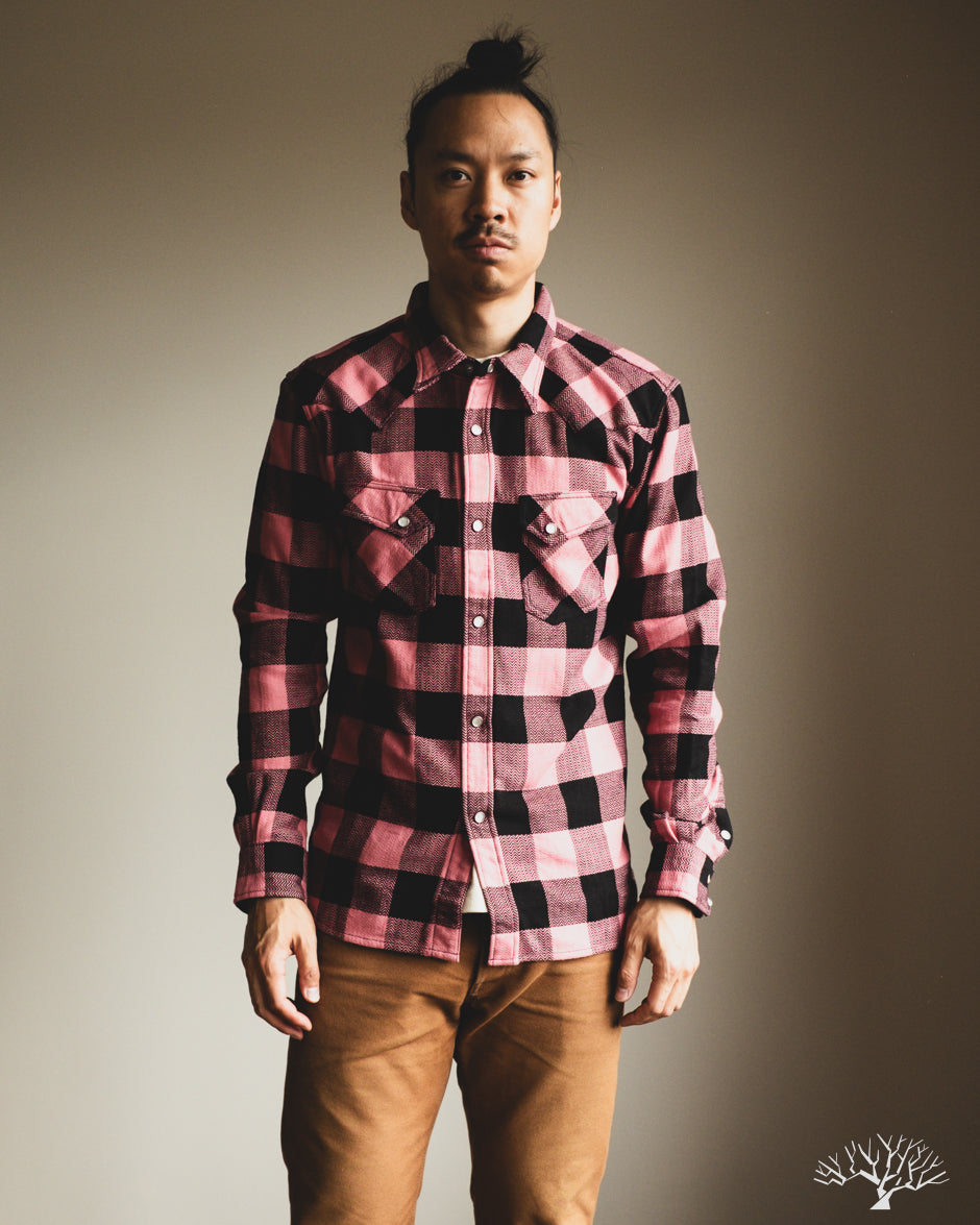 Flat Head FN-SNW-101L - Block Check Flannel Western Shirt - Pink/Black