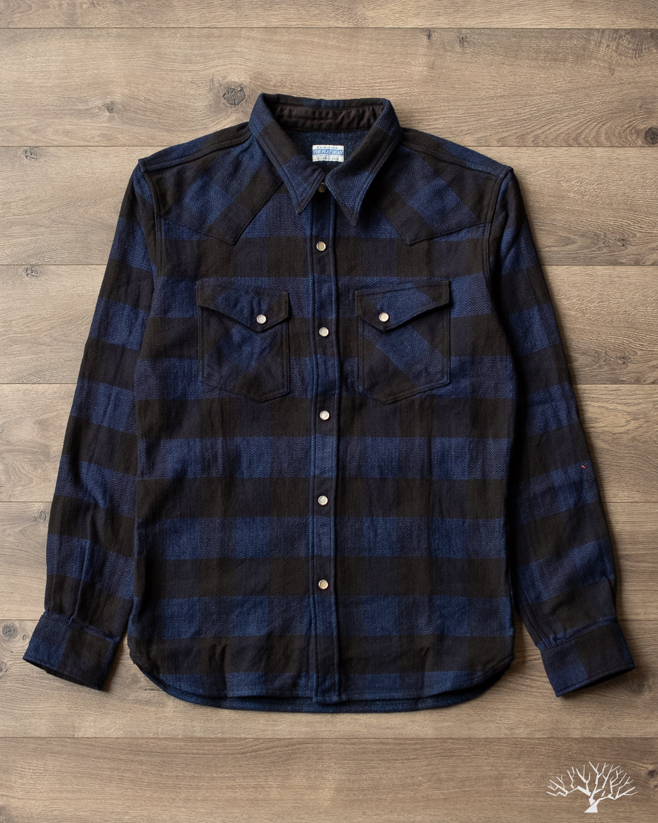 Flat Head FN-SNW-101LSP - Block Check Flannel Western Shirt - Indigo