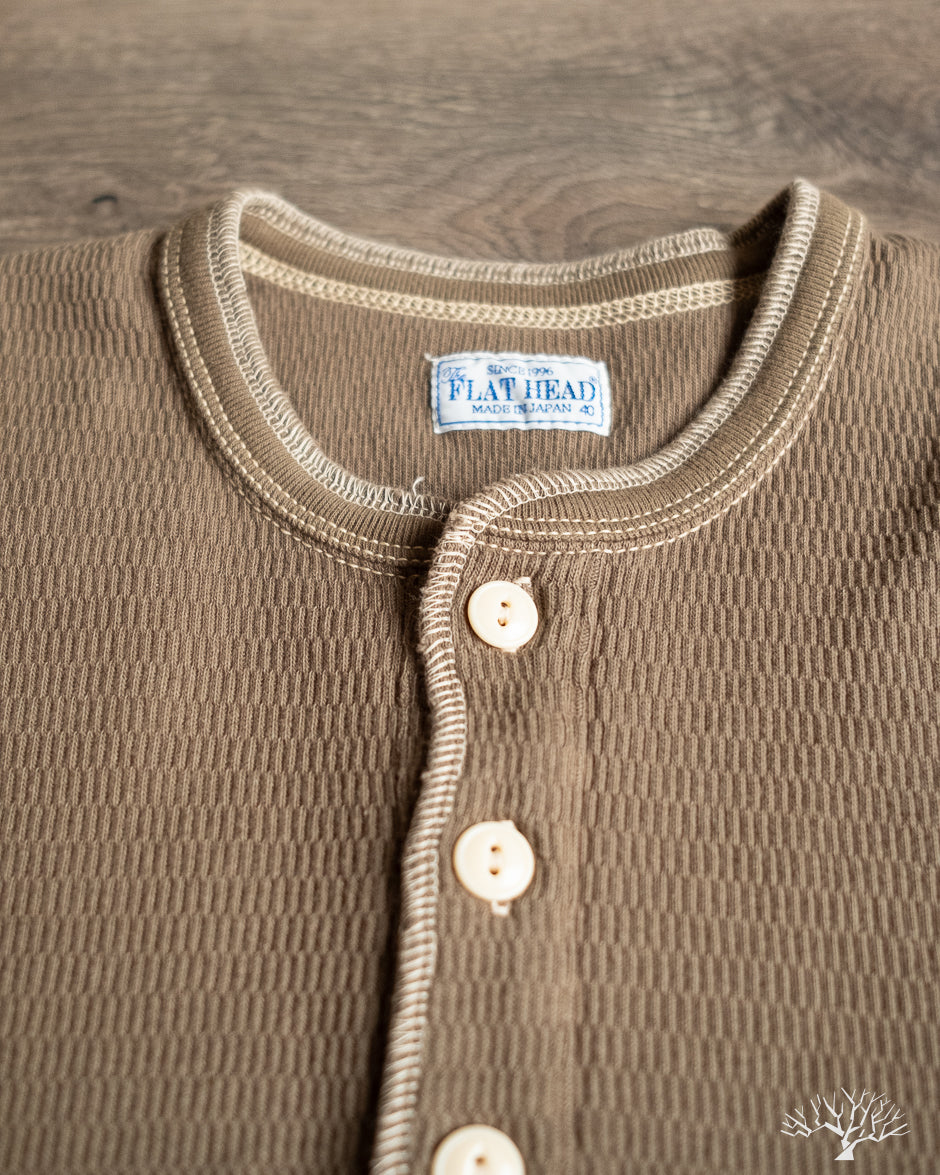 Flat Head FN-THLH-004 - Waffle Knit Henley Thermal - Olive