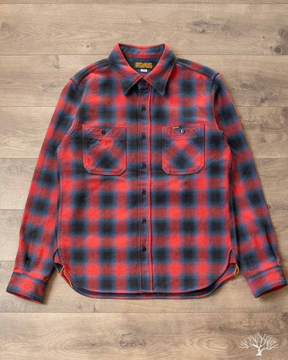 Iron Heart IHSH-379-RED - Ultra Heavy Flannel Ombré Check Work Shirt - Red