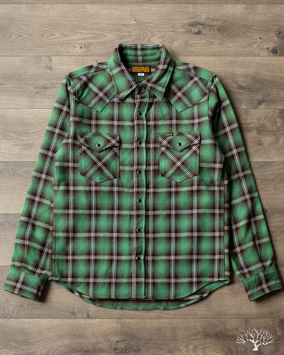 Iron Heart IHSH-405-GRN - Ultra Heavy Flannel Check Western Shirt - Green