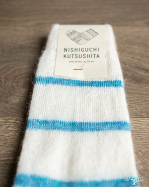 Nishiguchi Kutsushita Mohair Wool Border Socks - Marshmallow Cream