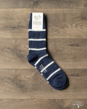 Nishiguchi Kutsushita Mohair Wool Border Socks - Navy