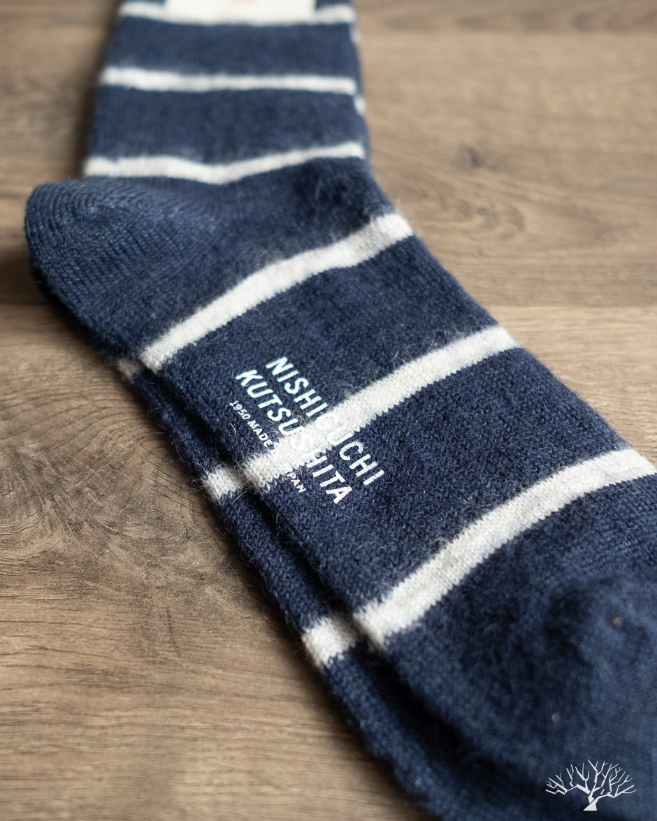 Nishiguchi Kutsushita Mohair Wool Border Socks - Navy