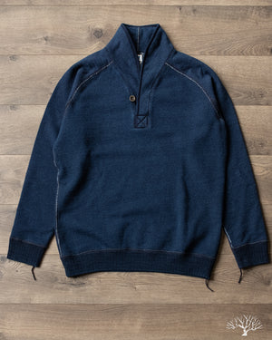 Pure Blue Japan Yarn Dyed Indigo Sashiko Shawl Collar Sweatshirt