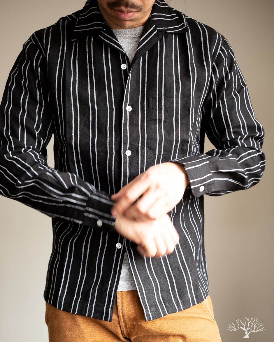 3sixteen - Long Sleeve Open Collar Shirt Striped Linen - Black