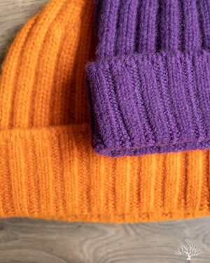 Cableami Cashmere 2x2 Rib Watch Cap - Orange and Purple