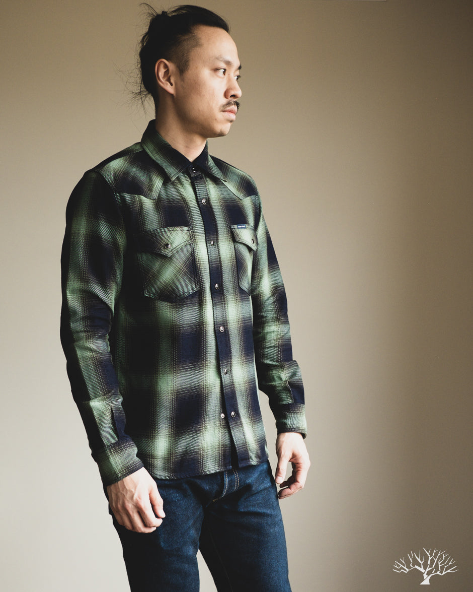 Iron Heart Fig - Withered – - - Selvedge Shirt Check Green Western Ombré IHSH-348-GRN 9oz